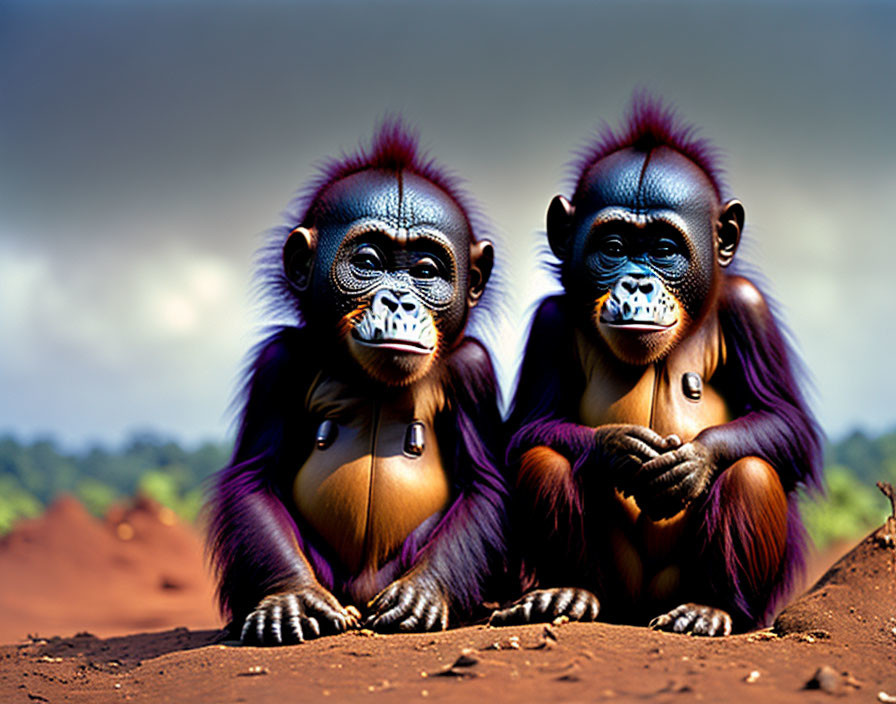 Colorful anthropomorphized monkeys sitting side by side in natural setting