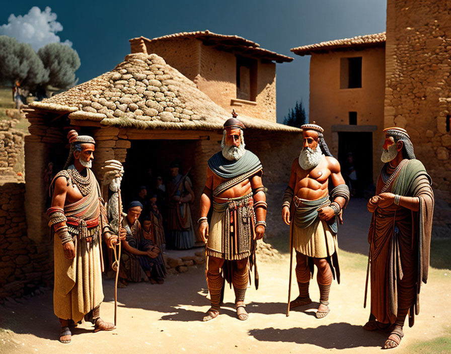 Ancient Greek men in tunics and capes by traditional buildings