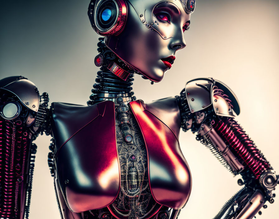 Detailed Futuristic Female Robot with Red Accents on Gradient Background