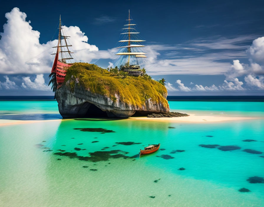 Shipwreck seascape with rock outcrop and small boat in turquoise waters