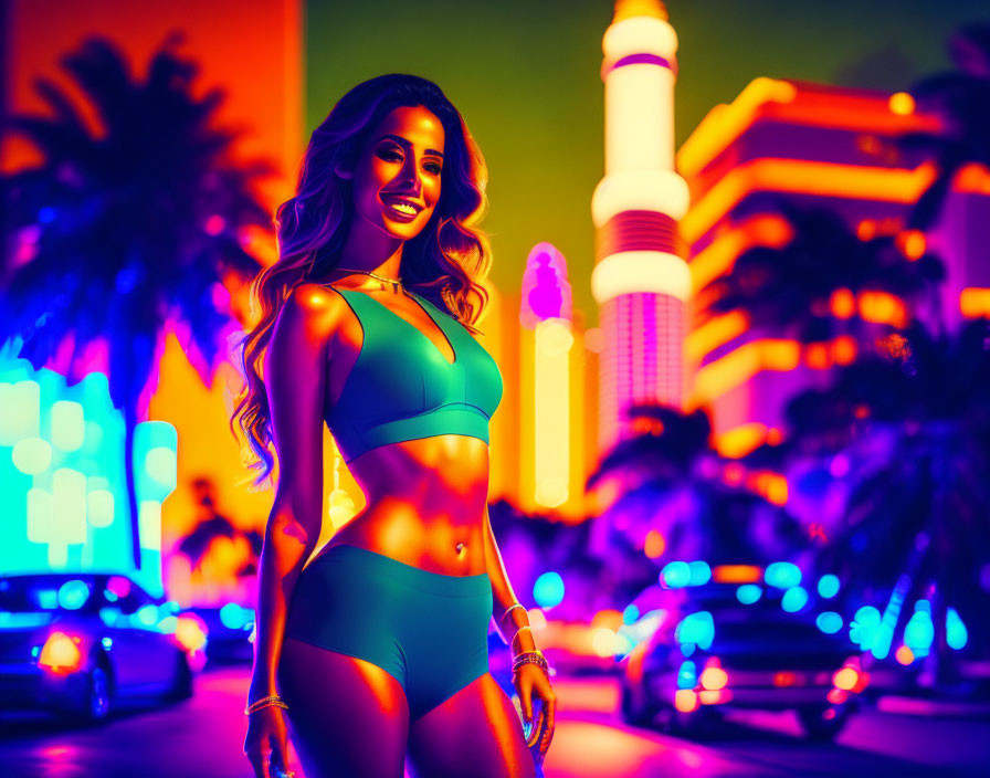 Smiling woman in teal bikini on neon-lit city street