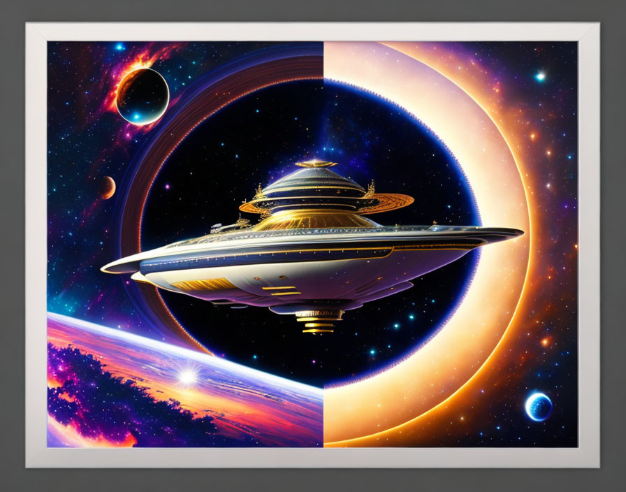 Futuristic spaceship orbiting ringed planet in cosmic digital artwork