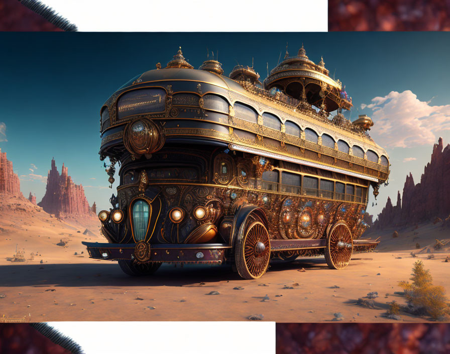 Ornate steampunk-style bus in desert with rock formations