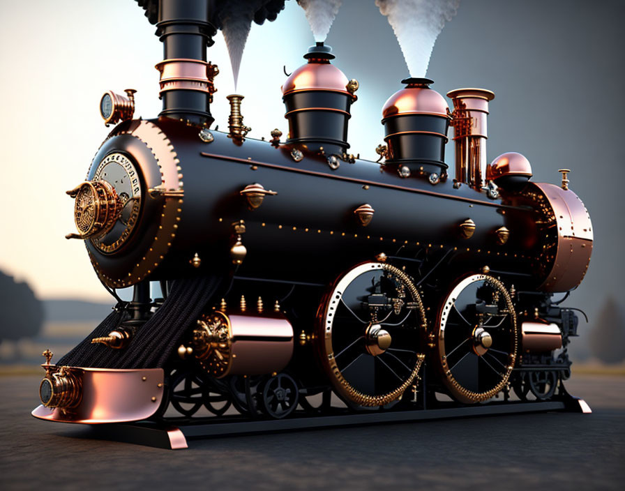 Detailed Steampunk-Style Locomotive with Copper and Brass Elements