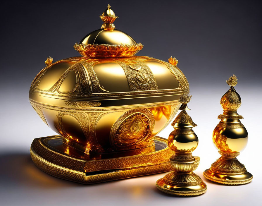 Luxurious Golden Casket and Urns on Reflective Surface