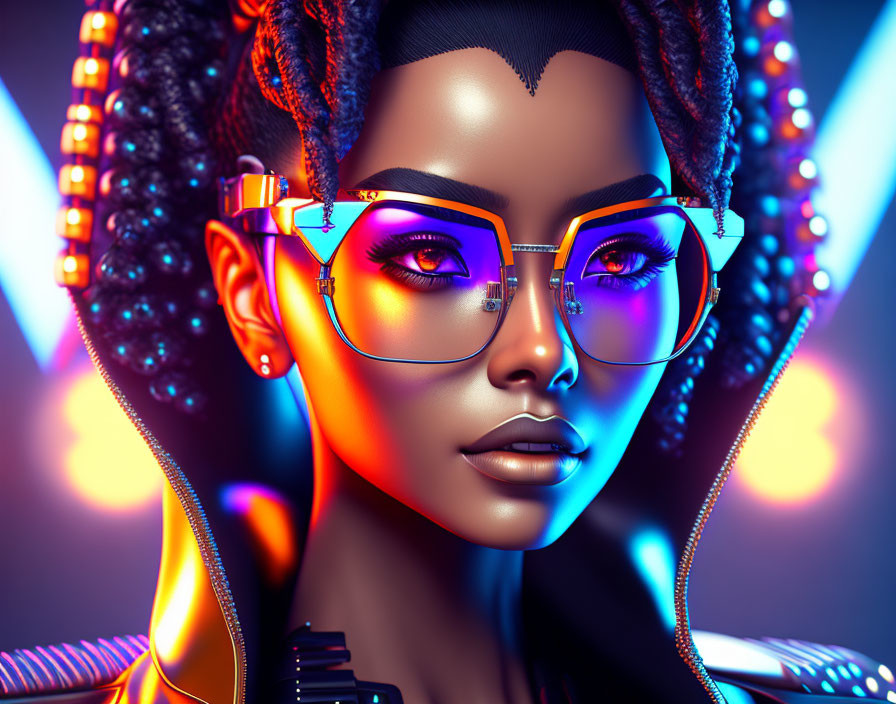 Woman with intricate braids, stylish glasses, and neon accents on dark background