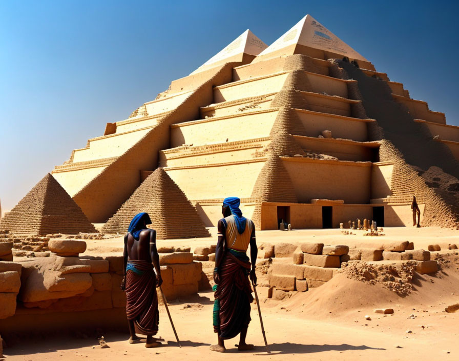 Traditional attire individuals walking to stepped pyramids in desert landscape