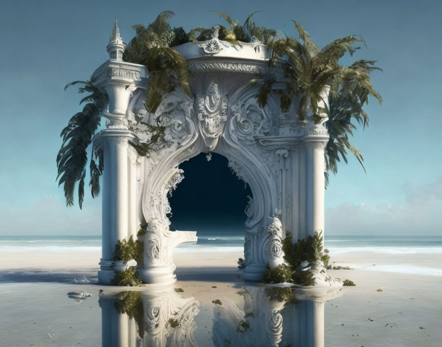 White Arch with Ferns Overlooking Calm Sea on Sandy Beach