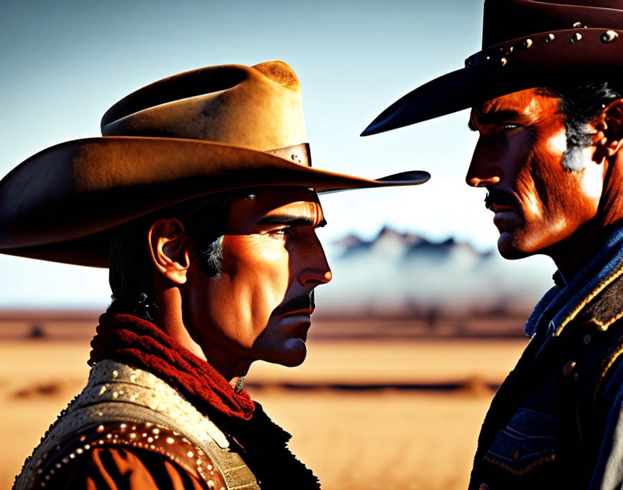 Cowboys in desert showdown with intense expressions and distinct outfits