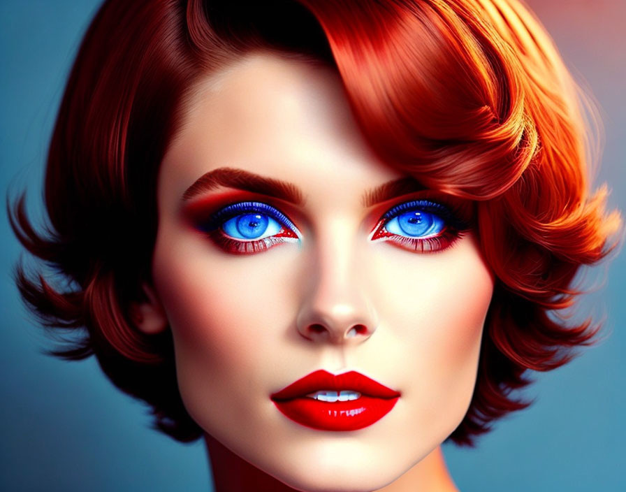 Portrait of Woman with Blue Eyes, Red Lips, and Red Hair on Teal Background