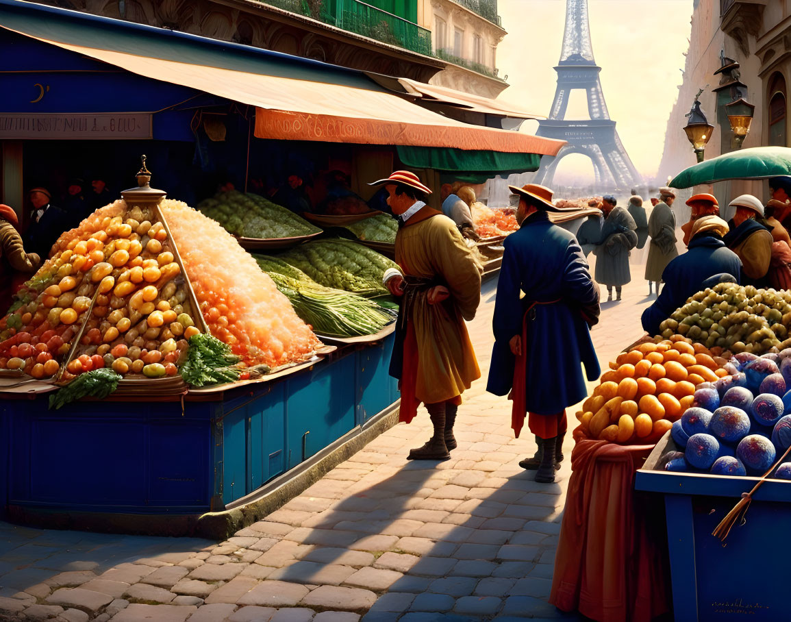 Vibrant market scene with fruit stands, vintage shoppers, and Eiffel Tower backdrop