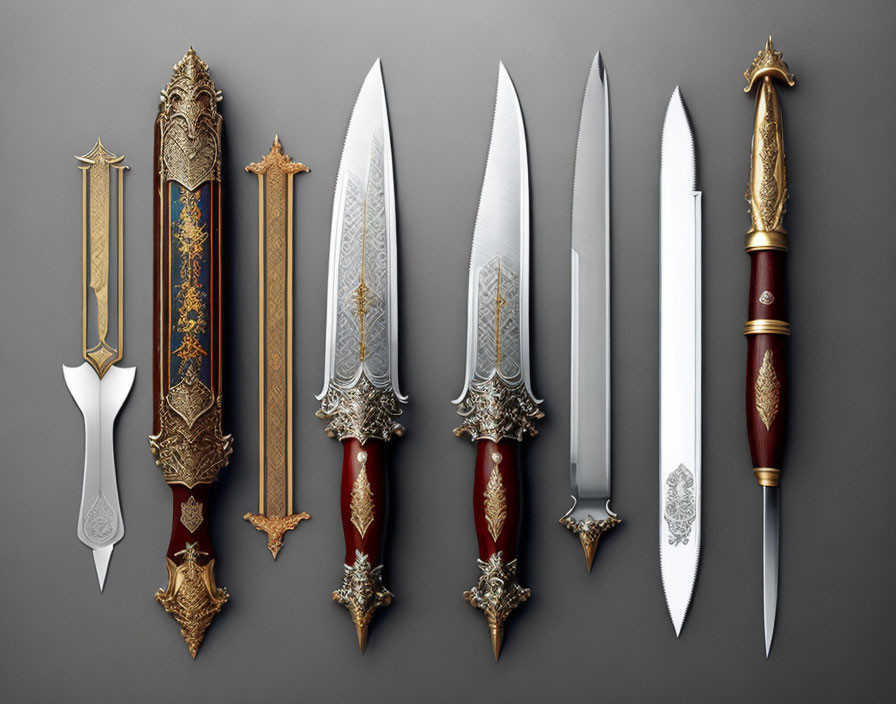 Eight ornate knives with intricate designs and various handle styles on dark background