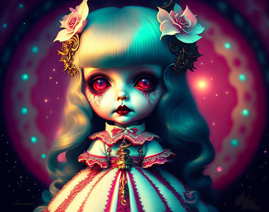 Illustration: Doll-like girl with red eyes in Victorian dress against cosmic background