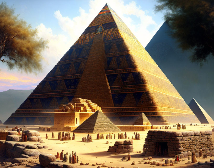 Detailed Great Pyramid of Giza with hieroglyphics under clear sky