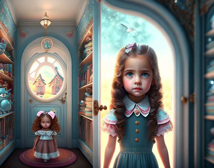 Young girl in whimsical room with toys and ornate details