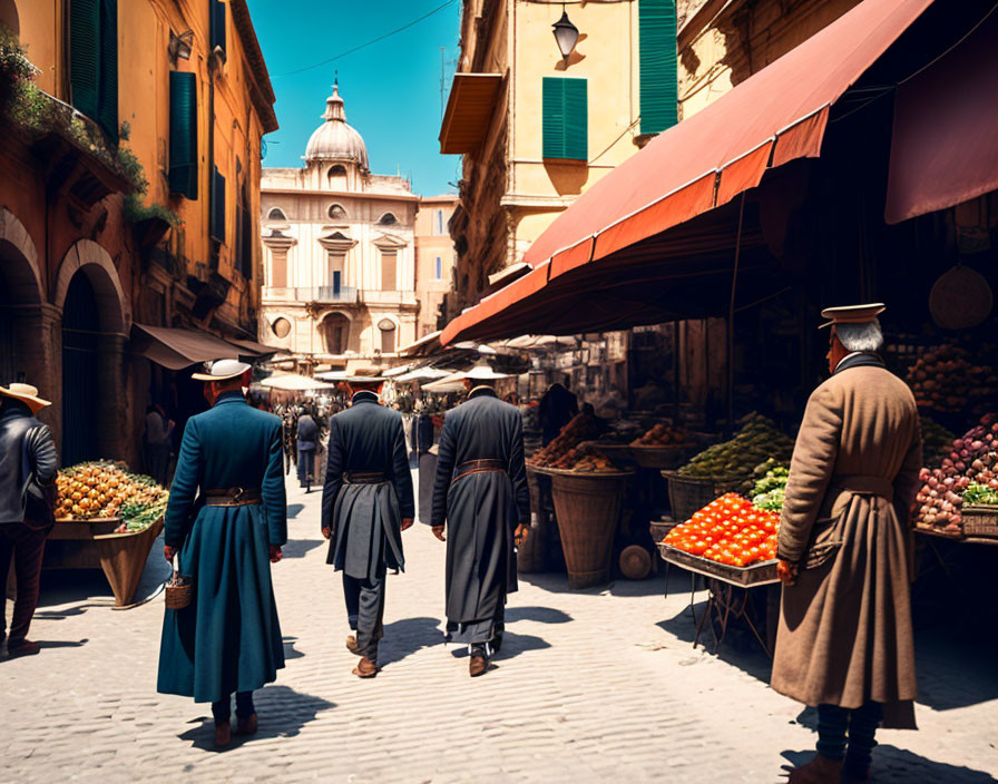 Uniformed personnel in vibrant market street with fruit stalls and historic buildings