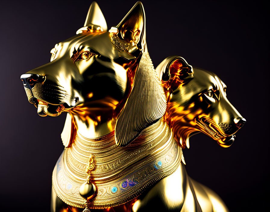 Golden statues of dogs with intricate jewelry on dark background