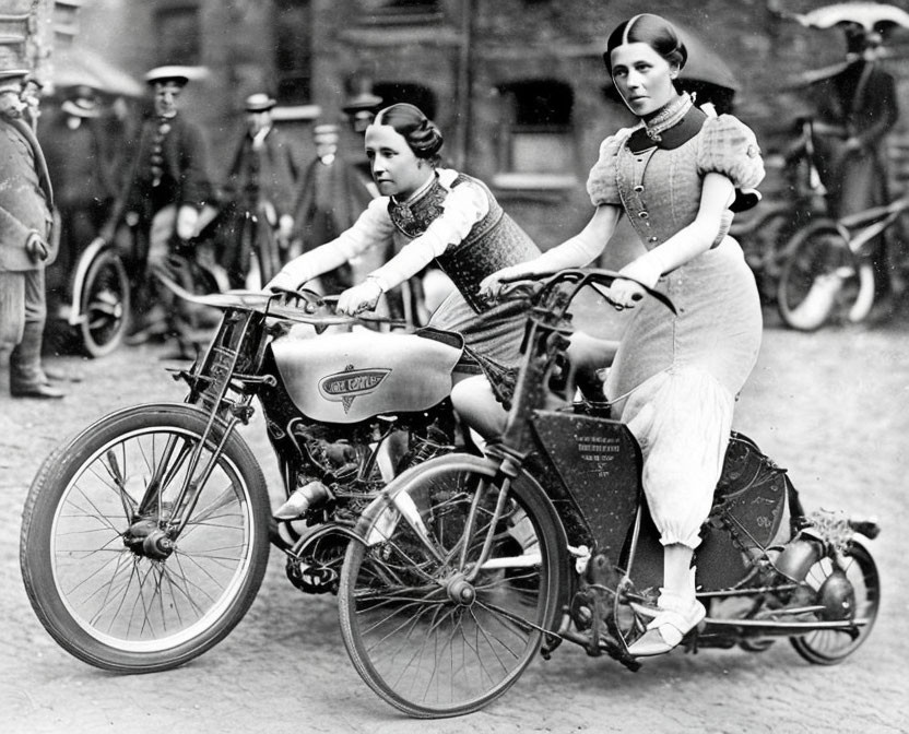 Vintage Attired Women on Early Motorcycle with Sidecar on Cobblestone Street