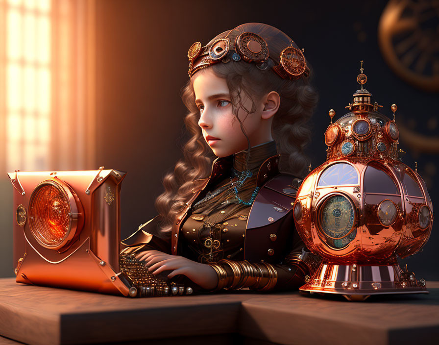 Steampunk-themed young girl with goggles beside ornate device in sunlight