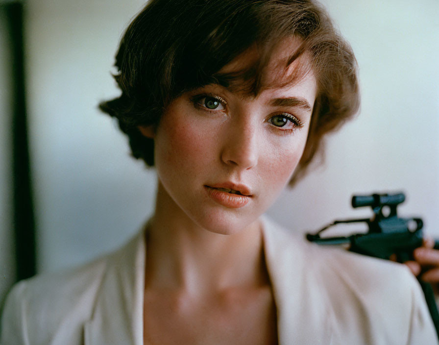 Portrait of Woman with Short Dark Hair and Green Eyes