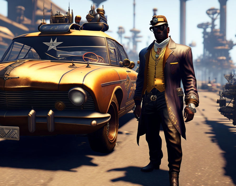 Stylish man in yellow suit by retro-futuristic car on sunlit road