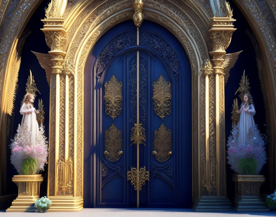 Elaborate Blue Double Doors with Gold Detailing and Angel Statues