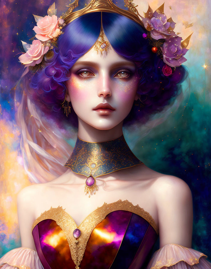 Ethereal woman with violet hair and golden jewelry in heart-shaped neckline dress.