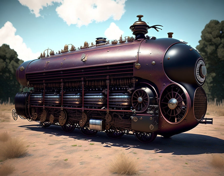 Steampunk-inspired locomotive in desert setting