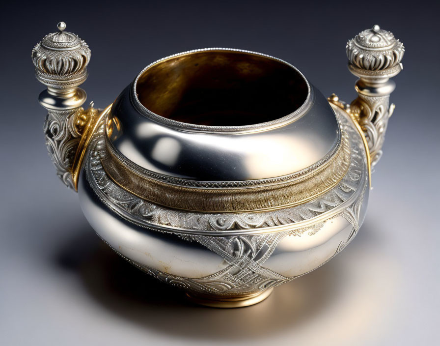 Silver Sugar Bowl with Intricate Designs and Two Handles on Gray Background