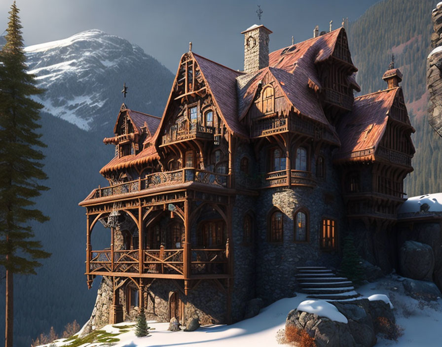 Ornate wooden house against snowy mountain and pine trees