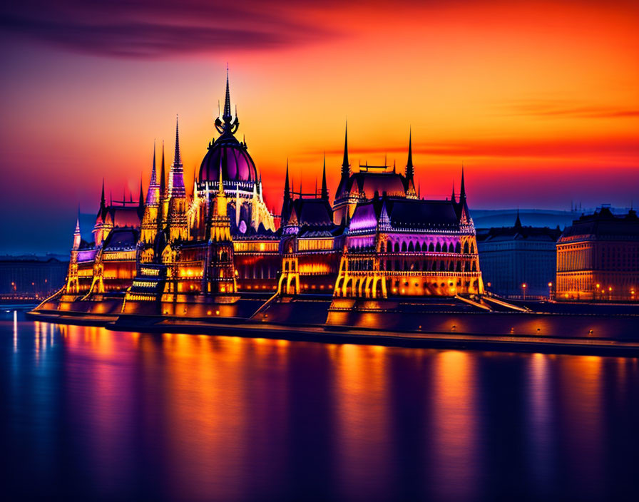 Iconic Hungarian Parliament Building at dusk with vibrant sky reflected in Danube River