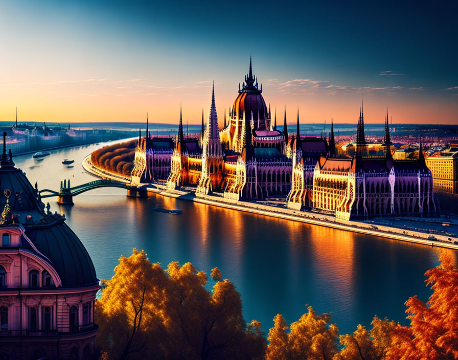 Hungarian Parliament Building and Danube River at sunset in Budapest