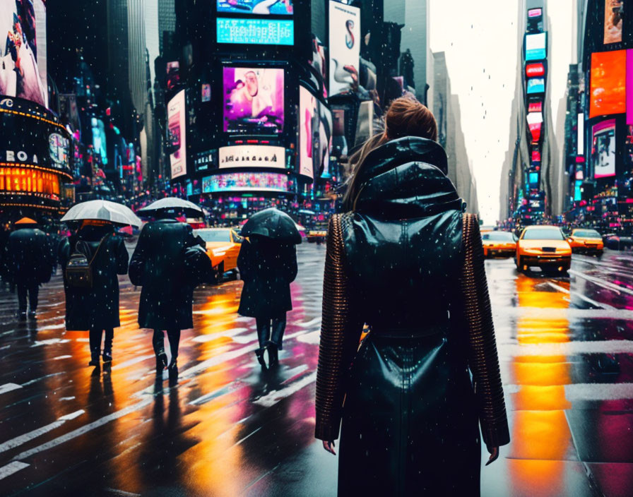 Vibrant city street at night with neon signs and pedestrians.