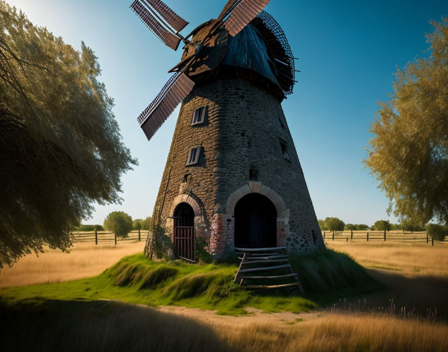 Stone windmill with wooden blades in pastoral field surrounded by trees