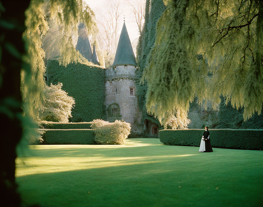 Formally dressed person in front of ancient castle and lush green landscape