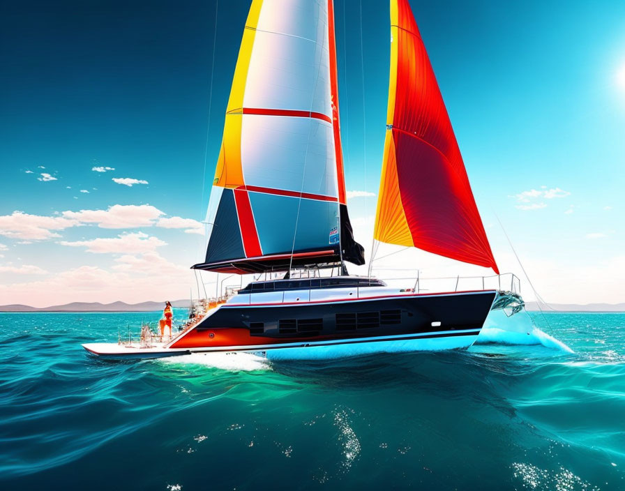 Vibrant red and yellow sailboat on crystal-clear blue waters