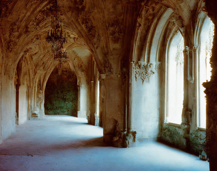 Decaying Gothic hallway with arches, chandelier, sunlight, and foliage