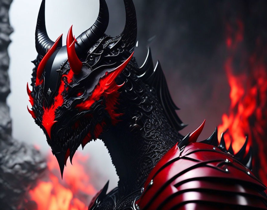 Black and Red Dragon with Sharp Horns and Glowing Eyes amid Smoky Flames