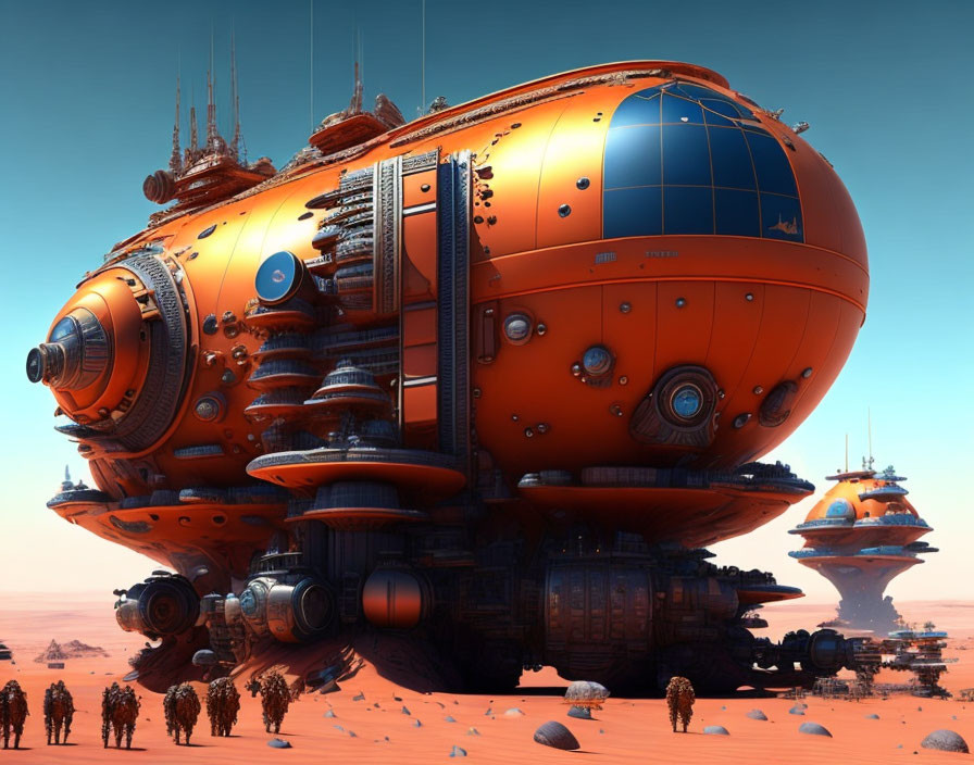 Futuristic orange spherical buildings in desert landscape