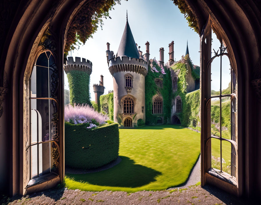 Castle with turrets and ivy viewed from arched window in lush garden