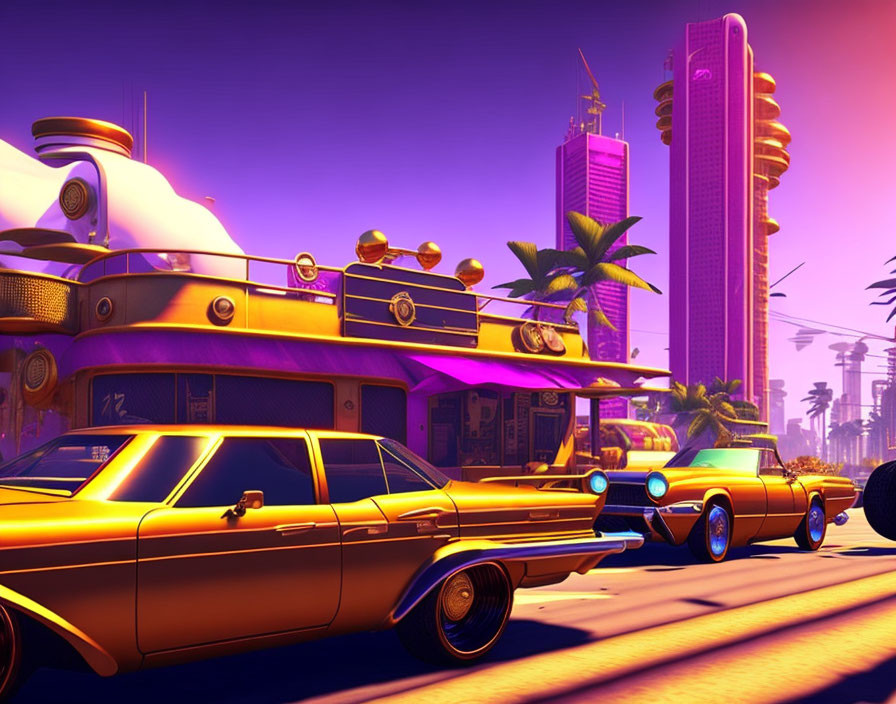 Vintage cars, neon lights, palm trees in retro-futuristic cityscape