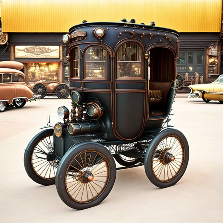 Elaborate Vintage Car Design with Brass Headlamps & Wooden Body