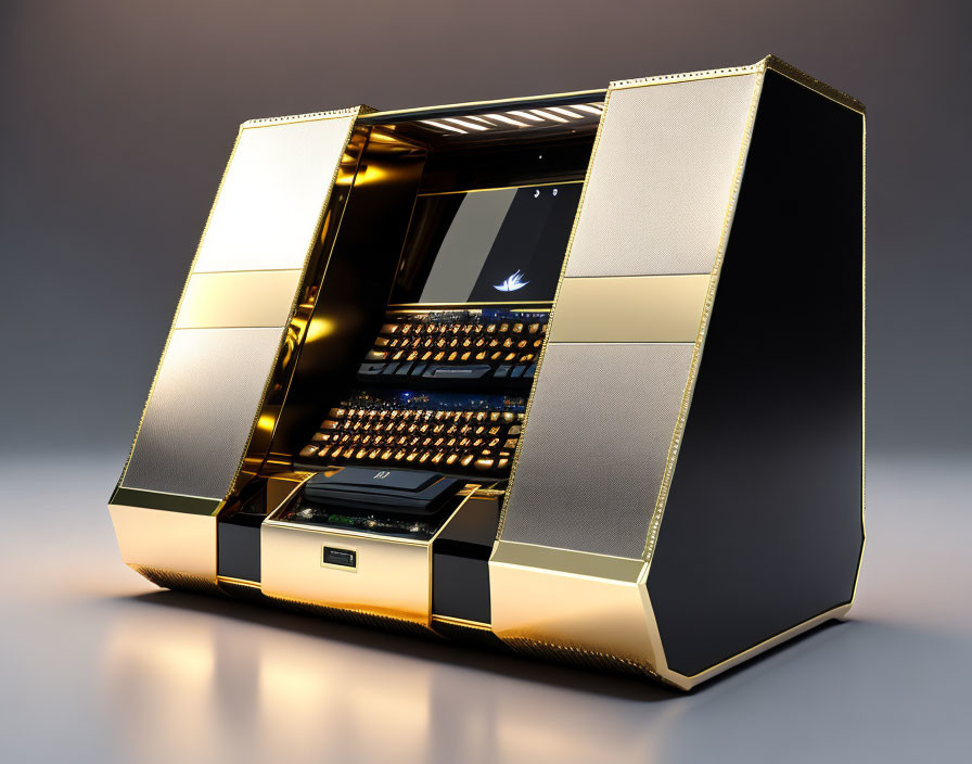 Futuristic Gold and Black Server Rack with Illuminated Interior