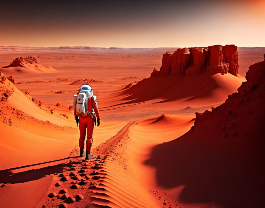 Astronaut in white space suit explores red Martian desert