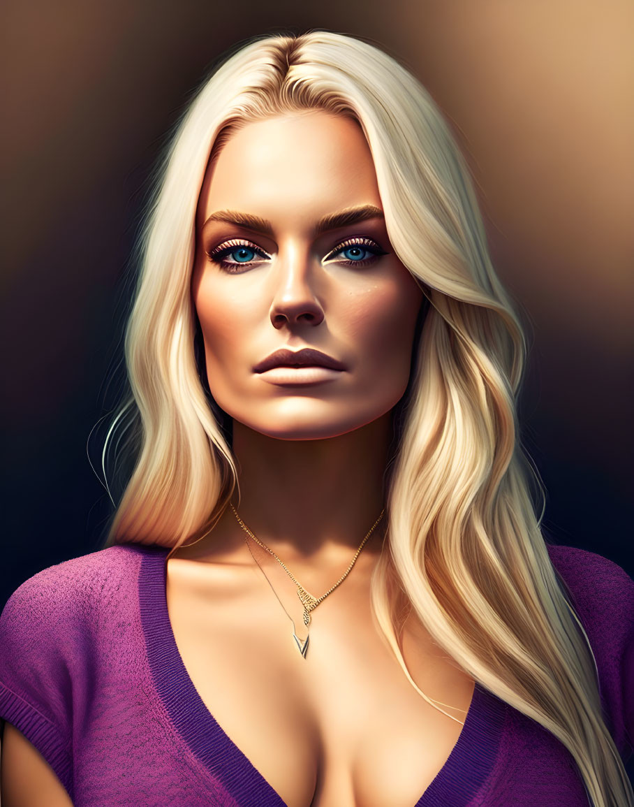 Blonde woman digital portrait with blue eyes and purple top