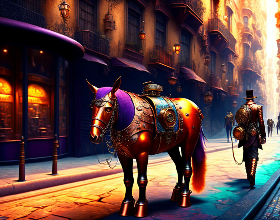 Steampunk-style mechanical horse on cobblestone street with man in period clothing