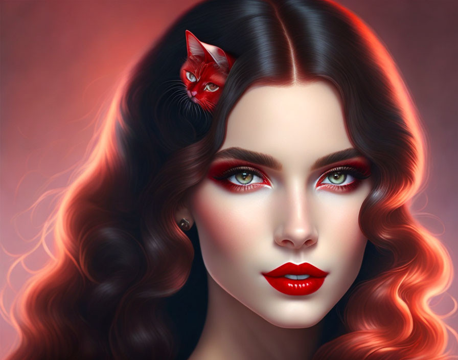 Digital Artwork: Woman with Wavy Hair, Red Lipstick, and Cat