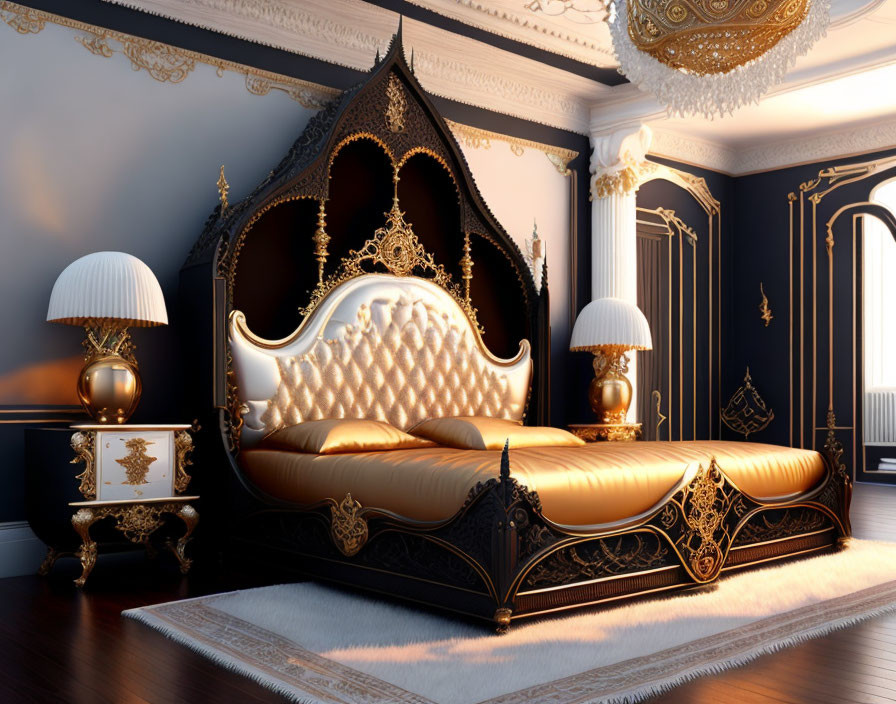 Luxurious Black and Gold Bedroom Decor with Ornate Bed and Elegant Side Table