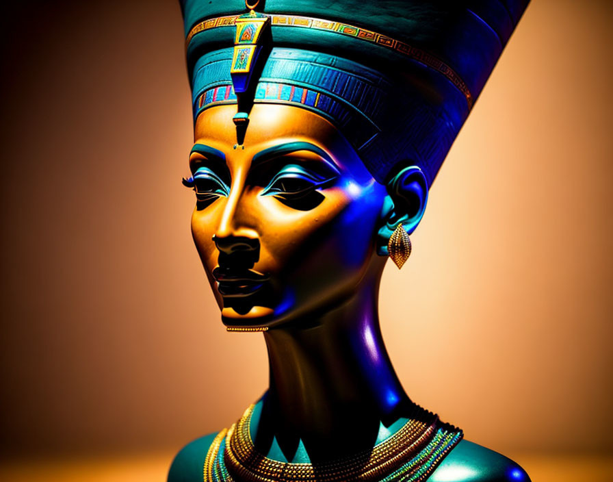 Egyptian queen bust with blue and gold lighting on warm backdrop