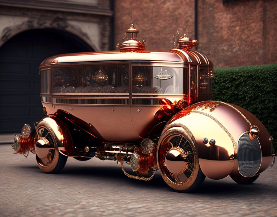 Steampunk-inspired vehicle with brass and copper tones in cobblestone courtyard